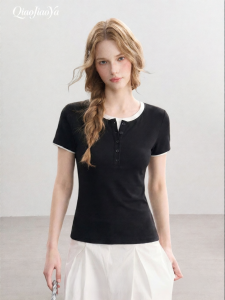 QIAOJIAOYA | Design Slim Fit Faux Two-piece T-Shirt Henry Neck Short Sleeve