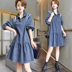 ชุดเดรสยีนส์แขนยาวลำลองสำหรับผู้หญิง ฤดูใบไม้ผลิและฤดูใบไม้ร่วง ไซส์ใหญ่ แฟชั่น ชุดโปโล กระโปรงทรงเอ คอตั้ง สไตล์เกาหลี