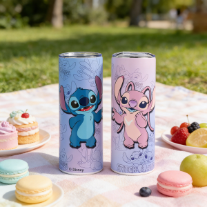 Disney | 1pc 20oz Disney Stitch & Angel Print Stainless Steel Tumbler Insulated Travel Mug with Lid & Straw for Couples Fans Daily Use