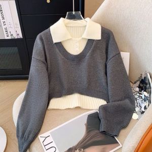 Bộ Đồ Hai Mảnh Cổ Polo Phong Cách Hàn Quốc Mùa Thu 2025 Áo Len Dệt Kim Rộng Rãi Thường Ngày Áo Len Cổ Polo Màu Khối