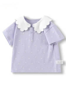 Cute Baby Girl Short Sleeve T-Shirt Doll Collar Base Shirt Summer Fashionable Cotton Polyester Cartoon Print Casual Top
