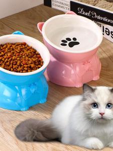 Large Capacity Ceramic Cat Bowl Detachable Drinking Bowl Pet Feeder Stand Anti-Flip Cute Black Chin Prevention Cat Food Bowl