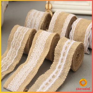 Cozy กว้าง 5cm ยาว 2m ม้วนริบบิ้นผ้ากระสอบแต่งด้วยลูกไม้สไตล์วินเทจ สำหรับตกแต่งของขวัญ Linen lace
