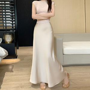 Ice Silk Acetate Satin Fish Tail Half Skirt Womens Summer Casual High Waist Draped A-Line Long Skirt Korean Style Commute