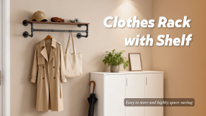 Heavy Duty Wall Mounted Clothes Rack Metal Pipe Clothes Rail with Wooden Shelf Industrial Hanging Bar Shop Display