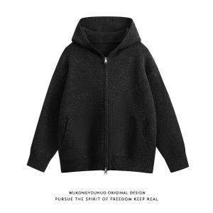 WUKONGYOUHUO | Áo Khoác Cardigan Có Mũ Zipper Màu Sắc Đơn Thuần Phong Cách Cổ Điển