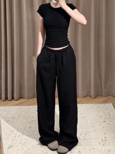 Quần Ống Rộng Vải Lanh Đen Mỏng Mùa Hè Quần Dài Ống Rộng Thoải Mái Nhẹ Nhanh Khô Cạp Cao Phong Cách Hàn Quốc Quần Dài Thường Ngày