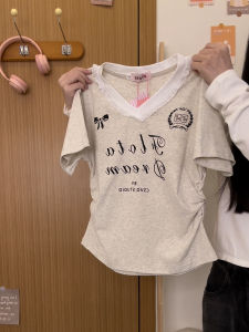 Short Sleeve T-Shirt Lace V-neck Shoulder Bear American Letter Print Cotton Polyester Blend Summer Top Womens College Style