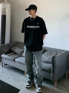 High Street Casual Fashion Brand Letters Pure Cotton Heavy Weight 260G Short-Sleeved T-shirt Mens Summer American round Neck Top Half Sleeve