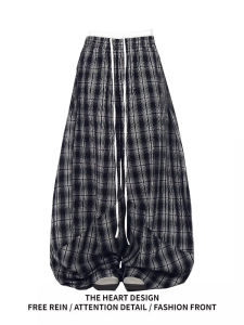 กางเกงขายาวทรงหลวมสไตล์อเมริกันย้อนยุค กางเกงขายาวลายสก็อตแบบลำลองสำหรับผู้หญิง กางเกงขายาวทรงหลวมสำหรับเต้นแจ๊ส