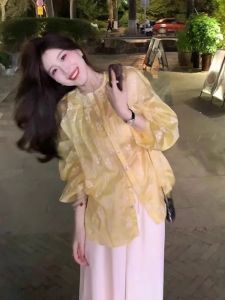 Lightweight Summer Yellow Chiffon Shirt Sun Protection Outerwear Pants Set Womens plus Size Fashionable Commute Korean Style