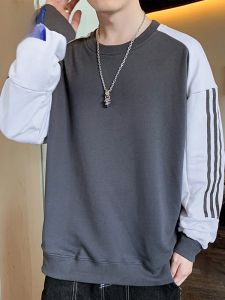 ROMON | Romon Mens Round Neck Printed Long Sleeve Sweatshirt Casual Loose T-shirt Fashionable Urban Style Autumn Season Youth Fashion