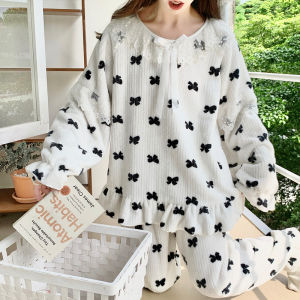 ชุดนอนผู้หญิงผ้ากำมะหยี่หนา อบอุ่น ลายวัฟเฟิล ขอบลูกไม้ ขนาดใหญ่ เสื้อผ้าใส่อยู่บ้าน แขนยาว คอเหลี่ยม สีพื้น