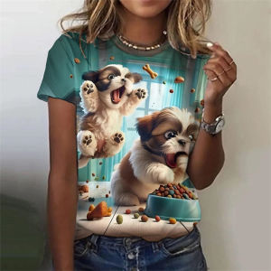 Womens Shirts Cat Dog 3d Print Casual Short Sleeve Funny T Shirts Fashion Streetwear O-Neck Clothing T shirt Men Kids Tshirt