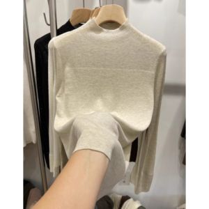 High Fashion Elegant French Design Fitted Half-High Neck Knit Top