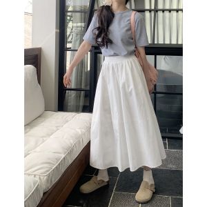 High Waist A-Line Mini Skirt Womens Pleated Elastic Waist Korean Style Spring 2025 Slimming Skirt Cotton Polyester Blend