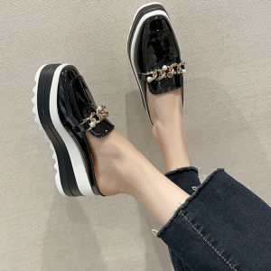 DIANCHA | British Style Glittery Leather Thick-Sole Slip-on Slippers