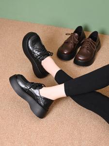 Womens Soft Leather round Toe Knot Thick Heel Pumps Autumn New Style Brown Fashion Single Shoes Comfortable Slip-On Loafers