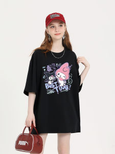 Black Cartoon Print Cotton T-Shirt Womens Short Sleeve Summer New Style Streetwear Loose Fit round Neck Moisture Wicking