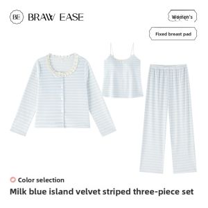 BE | Stripe Milk Velvet Winter Home Wear Set of 3 Pieces