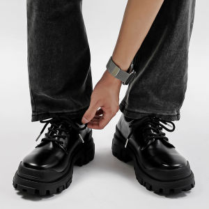 รองเท้าเดอร์บีพื้นหนาสำหรับผู้ชาย สีดำ ทรงหัวมน ทรงลำลอง สวมใส่สบาย ดีไซน์สไตล์อังกฤษ สำหรับใส่ไปทำงาน