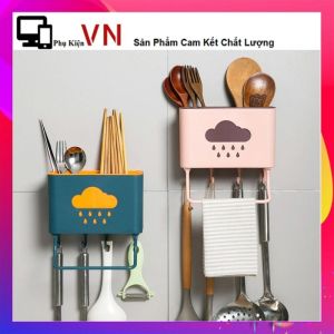 Kệ Đựng Muỗng Đũa Hình Dám Mây Dán Tường Kèm Móc Và Thanh Treo Khăn Thông Minh - Hộp Đựng Đồ Đa Năng - Ống Đựng Đũa Muỗng Treo Tường Chắc Chắn Chịu Lực Tốt