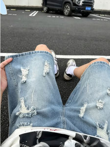 OUMULONG | Vintage Blue Ripped Denim Shorts for Men