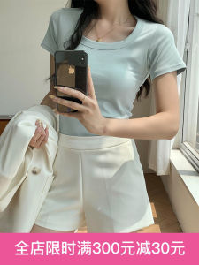 เสื้อยืดแขนสั้นทรงสลิมฟิตสำหรับผู้หญิง คอวี แขนสั้น ทรงหลวม ใส่ได้หลากหลาย ผ้าฝ้ายผสมไนลอน ฤดูร้อน 2024 คอลเลกชันใหม่