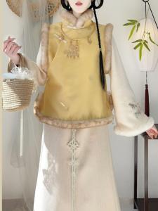 Original Hanfu Womens Small Fu Bag Winter Thickened Fleece Lined Side Buttoned Jacket Chinese Elements Vest Han Clothing