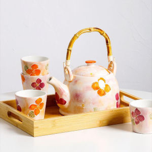 ชุดชาเครื่องเซรามิค6ชิ้นระบายสีด้วยมือสไตล์ญี่ปุ่น OMK เหมาะสำหรับกาน้ำชา4คน1ชิ้นถ้วย4ชิ้น Nampan Bambu 1ชิ้น