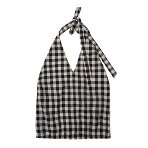 YUEZHONGWEI | French V-neck Plaid Belted Hanging Neck Backless Linemini Tank Top Women Summer Outdoor Short Sleeveless Shirt