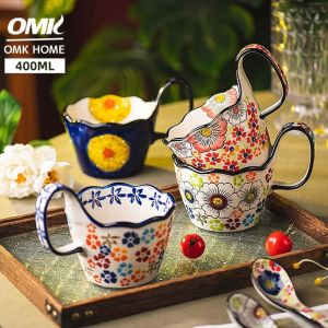 OMK American Style Hand-Painted Underglaze Ceramic Breakfast Cup 400ML Mug Coffee Cup & Saucers Water Cup With Spoon