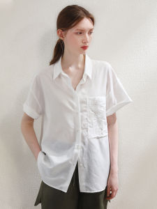 Miccbeirn | เสื้อเชิ้ตแขนสั้นผ้าไหมคอตตอนประดับลูกไม้สไตล์ลำลอง ทรงหลวม ปกโปโล สีพื้น กระดุม สำหรับผู้หญิง