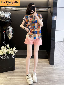 La Chapelle Spring Summer Plaid Floral Short Sleeve Shirt And Jeans High Waist Short Pants Two Piece Set Womens Fashion Casual Sportswear