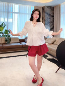 100% Linen Bead Flower Tea Break Shirt Casual Fashion Slimming V-neck Long Sleeve Regular Fit Summer Top ME【】