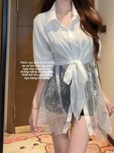 YUEZHONGWEI | Áo sơ mi dài tay màu trắng kiểu Pháp cho nữ mùa hè thiết kế nhỏ gọn eo ngắn gợi cảm áo chống nắng cổ bẻ