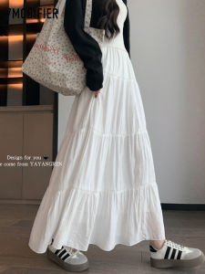 La Chapelle Spring Fashion Versatile White Pleated Skirt High Waist A-Line Slimming Midi Skirt for Women Sweet Cake Skirt