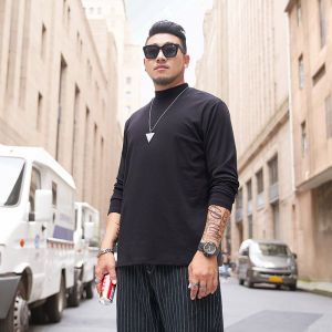 plus Size Mens Long Sleeve T-Shirt Loose Fit High Collar Black Base Layer Trendy Fashion Urban Style Autumn Wear Casual Tee