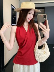 GUZILIAN | ชุดสองชิ้นคอวีแขนกุดเอวสูงลายจุดแฟชั่น เสื้อผ้าทำงานสไตล์เกาหลี ทรงสลิมฟิต ทรงหลวม ฤดูร้อน 2025