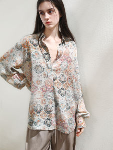 Miccbeirn | 100% Silk Long Sleeve Shirt Casual Lazy Style National Print Womens Top Vintage Commute Style Loose Fit Polo Collar Button Up