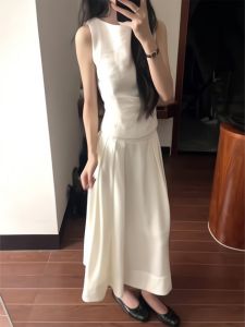 VKSOD | Korean Style Womens Sleeveless Vest Top High Waist Loose Summer Long Skirt Two-Piece Set Round Neckline All Other Materials