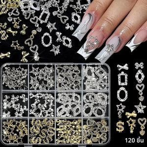 120 ชิ้น 3D Gold Alloy Bowknot/ผีเสื้อเล็บ Charms โลหะ Hollow ผีเสื้อ/โบว์/ริบบิ้นเล็บตกแต่ง Y2K อุปกรณ์แต่งเล็บ