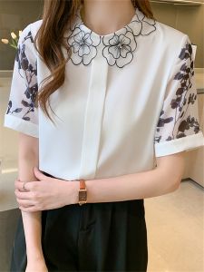 Retro Watercolor Print Short Sleeve Womens Chiffon Top Floral Petal Collar Trendy Petite Shirt Commute Style Summer New Arrival