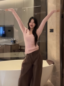 HUOLISI | PINK V-Neck Cable Knit Sweater Female Autumn Winter
