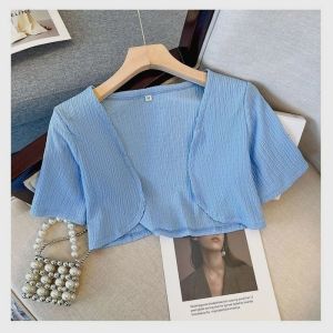 Áo Len Cardigan Tay Ngắn Mùa Hè Mỏng Chống Nắng Cho Nữ Áo Khoác Ngoài Thời Trang Ngắn Đơn Giản Áo Khoác Cổ Chữ V Dài Thường