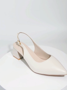 LADYSFSV Korean Formal Office Sandals Leather Pointed Block Heels for Women Elegant Back Empty Sandals