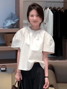 Áo Sơ Mi Voan Tay Ngắn Màu Trắng Cho Nữ Mùa Hè 2024 Áo Sơ Mi Kiểu Pháp Dáng Rộng Cổ Tròn Màu Trơn Đa Năng