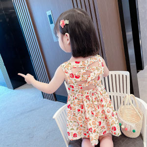 Summer New Womens Sleeveless Fashion Floral Chiffon Dress Cross Back Midi Skirt for Young Girls UV Protection UPF40+