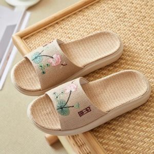 Dép Vải Lanh Thêu Thoáng Khí Chống Trượt Cho Nữ Dép Vải Lanh Cotton Mùa Hè Trong Nhà Thoáng Khí Thấm Hút Mùi Bốn Mùa