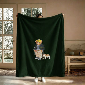 BILIBILI | Teddy Bear Bulldog Green Flannel Blanket Perfect for Sofa Office Bed Travel Sleep Read Relax Camping Four Season Use
